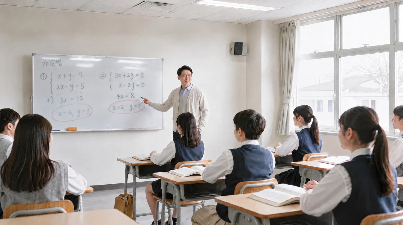 학원 교실에서 칠판 앞에 서서 수업하는 원장님